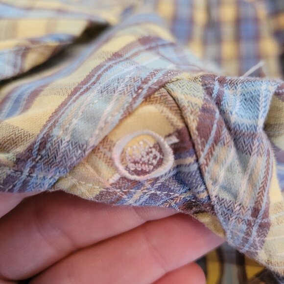 BORN cotton Yellow blue Purple grid plaid Collared button up Mens size XL - Picture 6 of 8